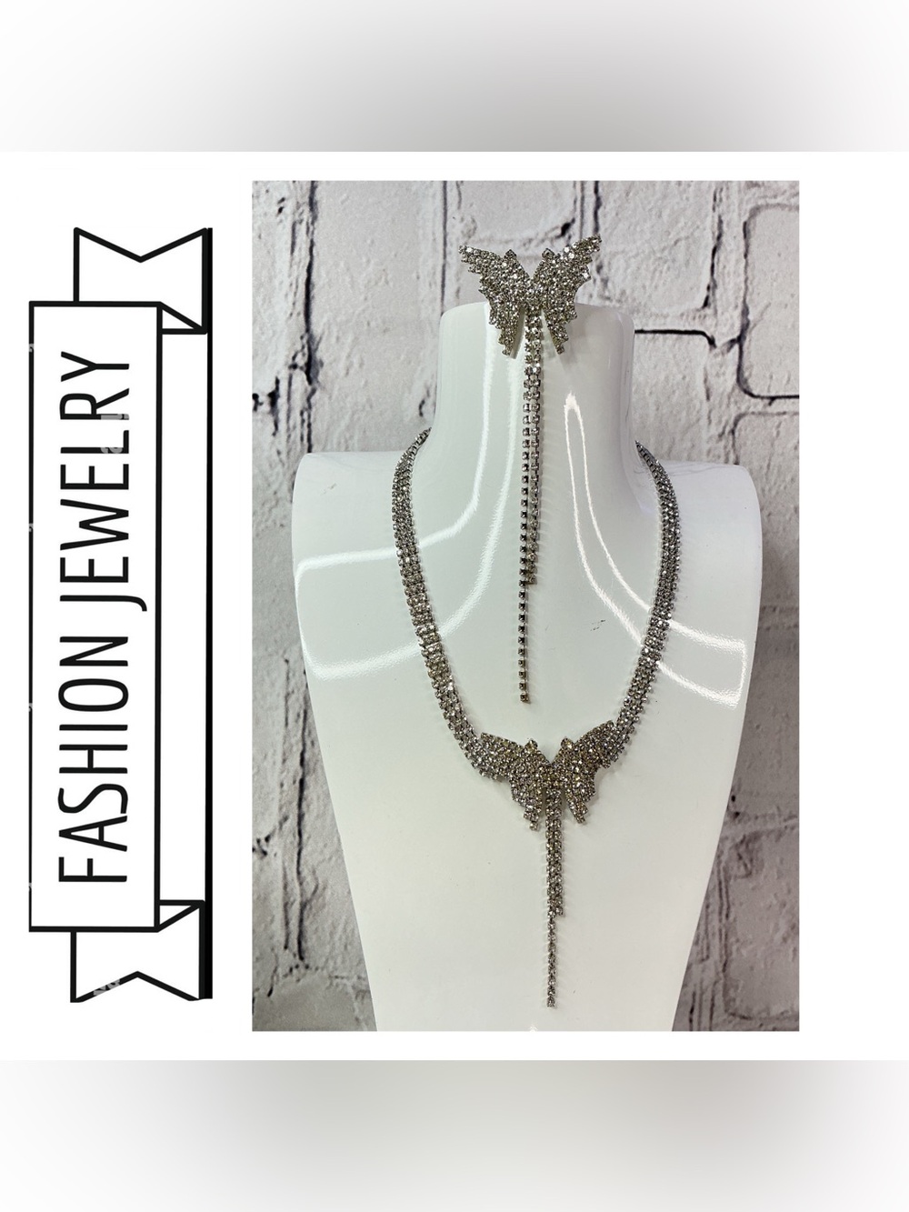🌟🌟 Rhinestone Butterfly Y-Necklace Set - Silver